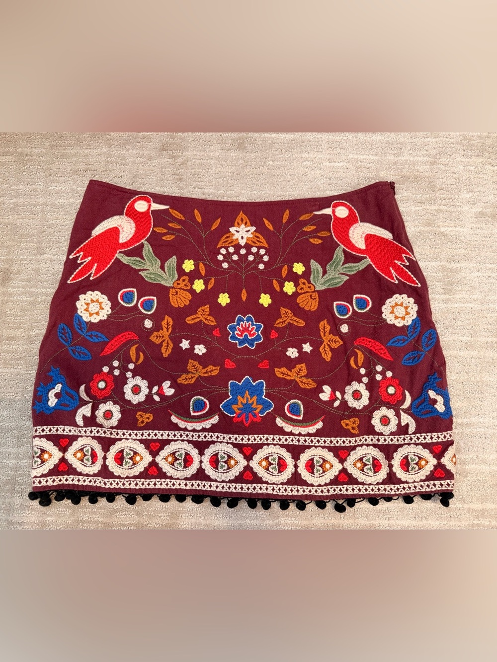 Embroidered Merlot Mini Skirt with Colorful Floral & Bird Motif